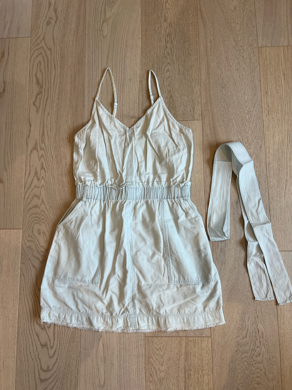 Light denim Strappy mini dress with Waist Tie